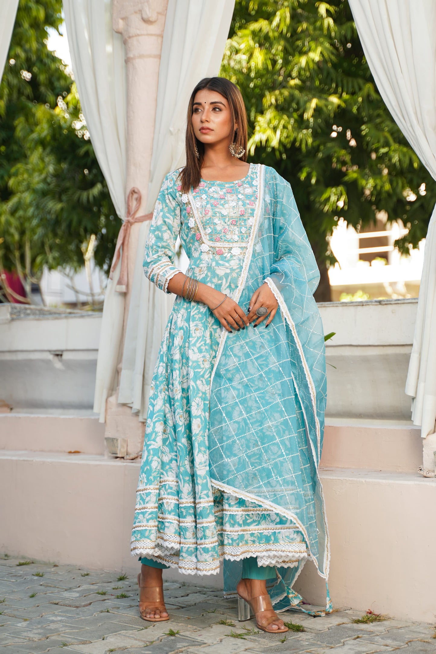 Anarkali Spring work Chanderi Kurta with Pant & Organza Dupatta 6-meter gira (3 Pieces)