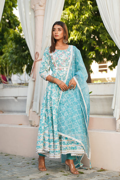 Anarkali Spring work Chanderi Kurta with Pant & Organza Dupatta 6-meter gira (3 Pieces)