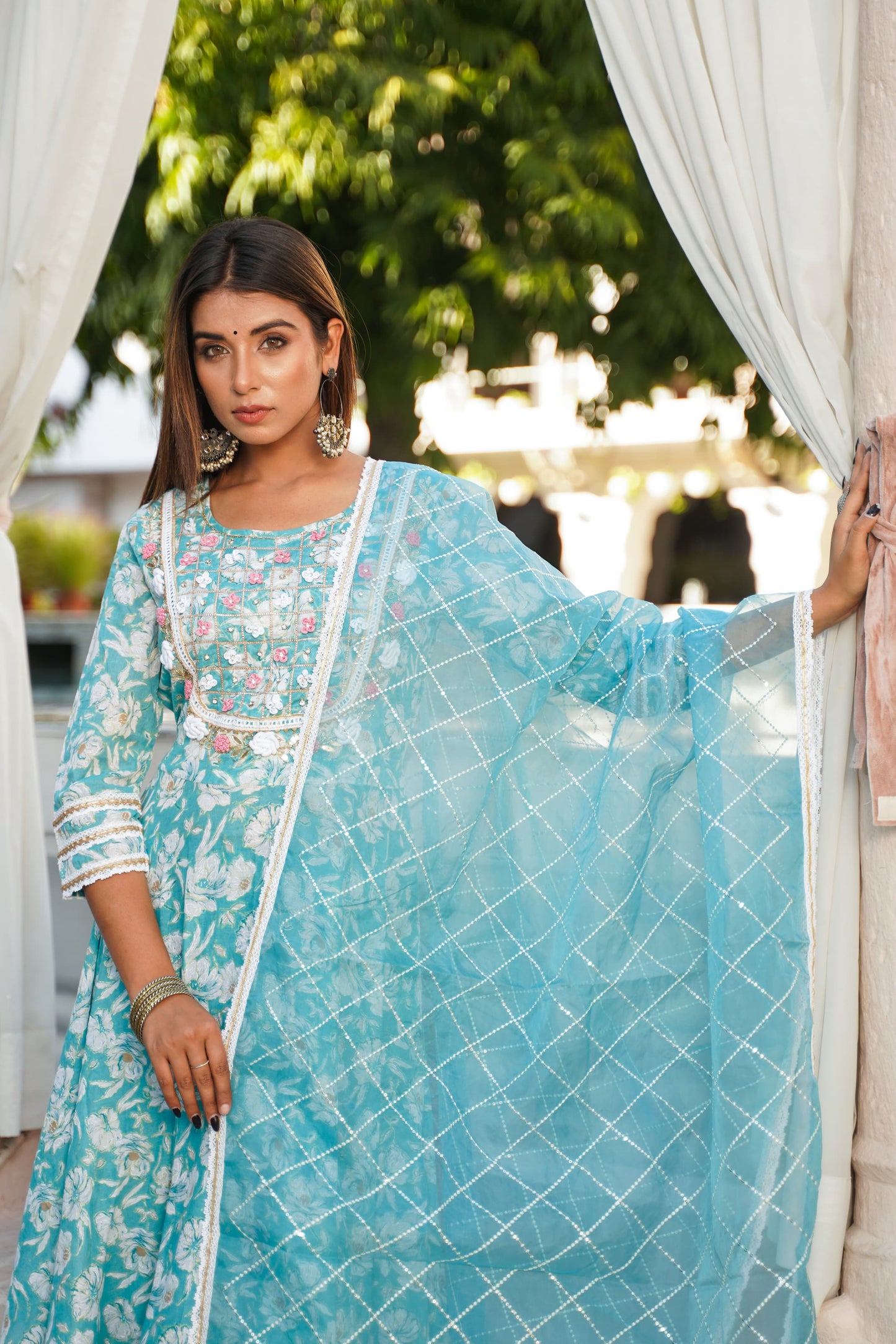 Anarkali Spring work Chanderi Kurta with Pant & Organza Dupatta 6-meter gira (3 Pieces)