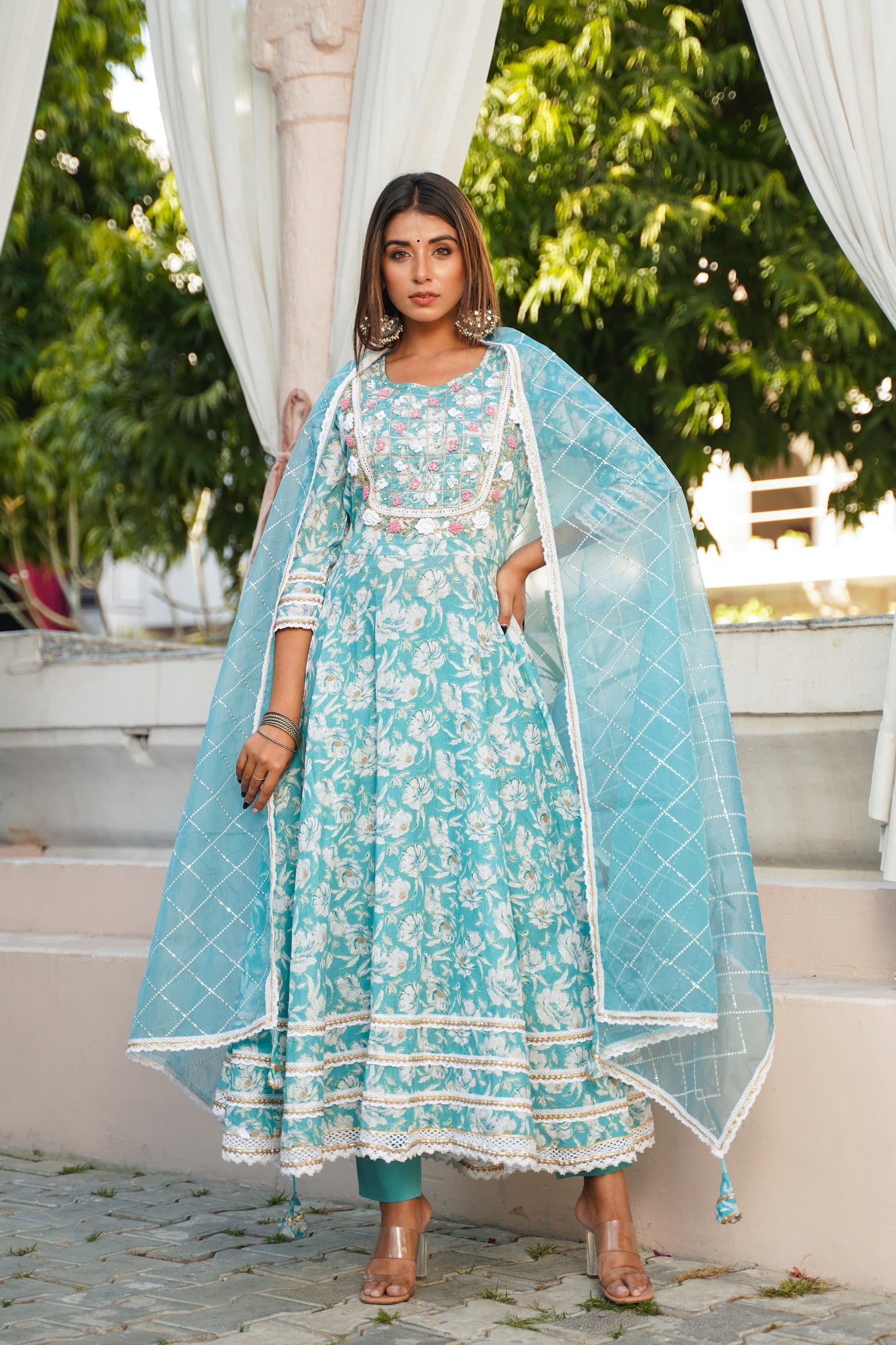 Anarkali Spring work Chanderi Kurta with Pant & Organza Dupatta 6-meter gira (3 Pieces)