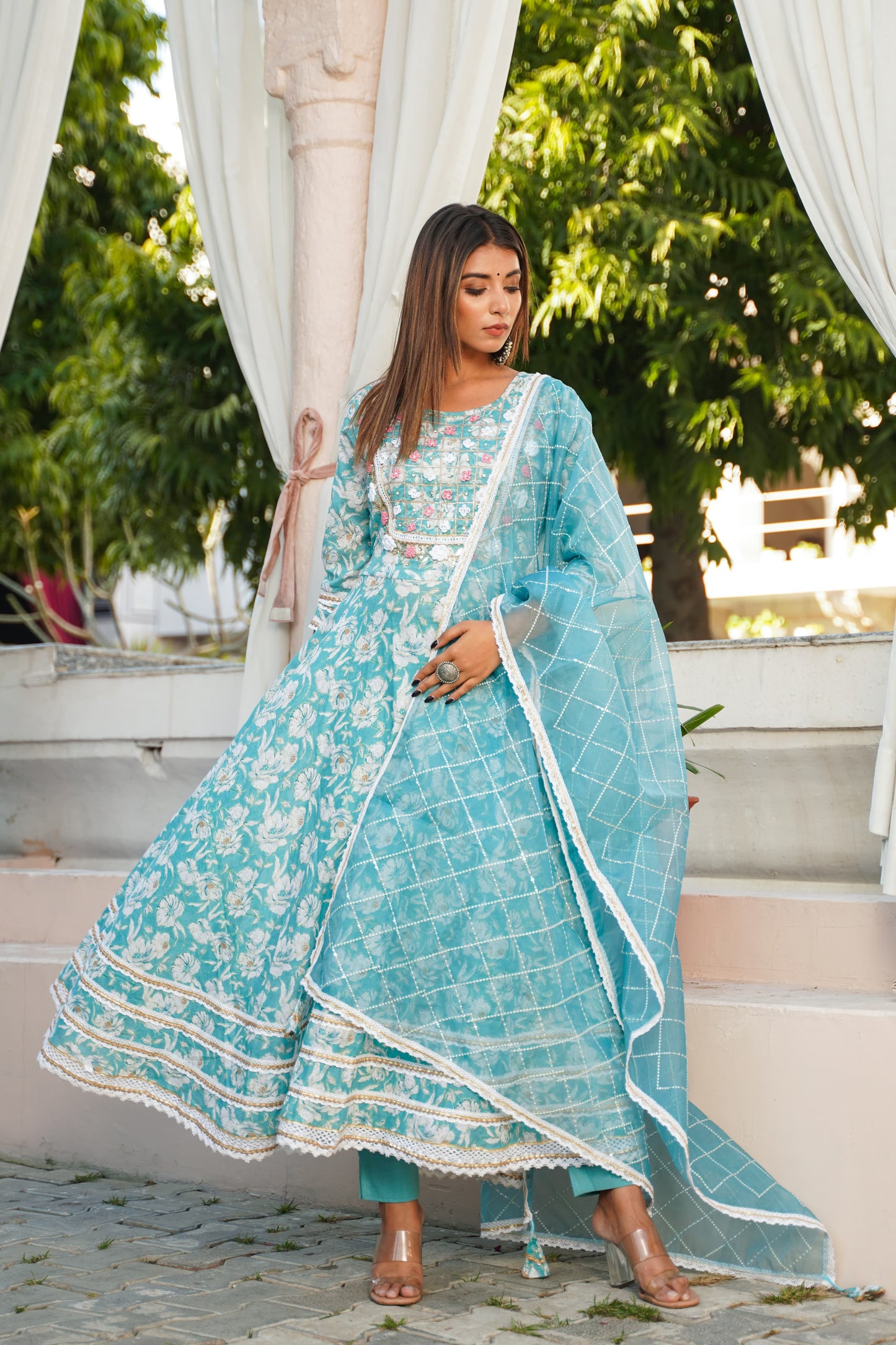 Anarkali Spring work Chanderi Kurta with Pant & Organza Dupatta 6-meter gira (3 Pieces)