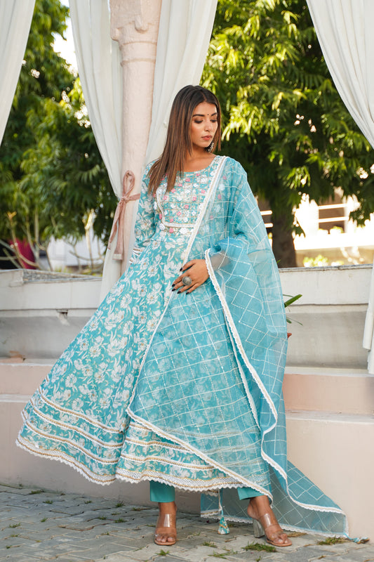 Anarkali Spring work Chanderi Kurta with Pant & Organza Dupatta 6-meter gira (3 Pieces)