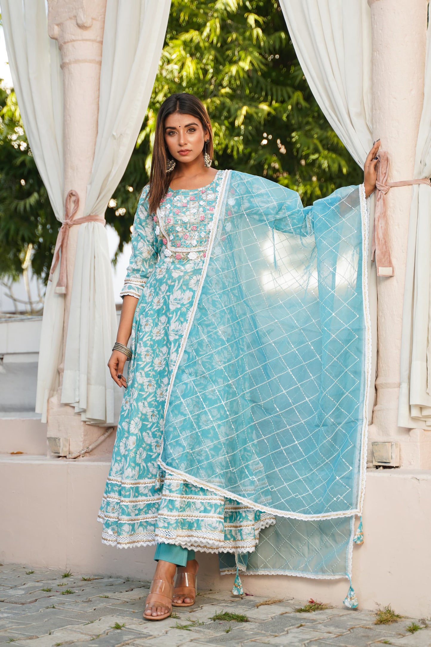 Anarkali Spring work Chanderi Kurta with Pant & Organza Dupatta 6-meter gira (3 Pieces)