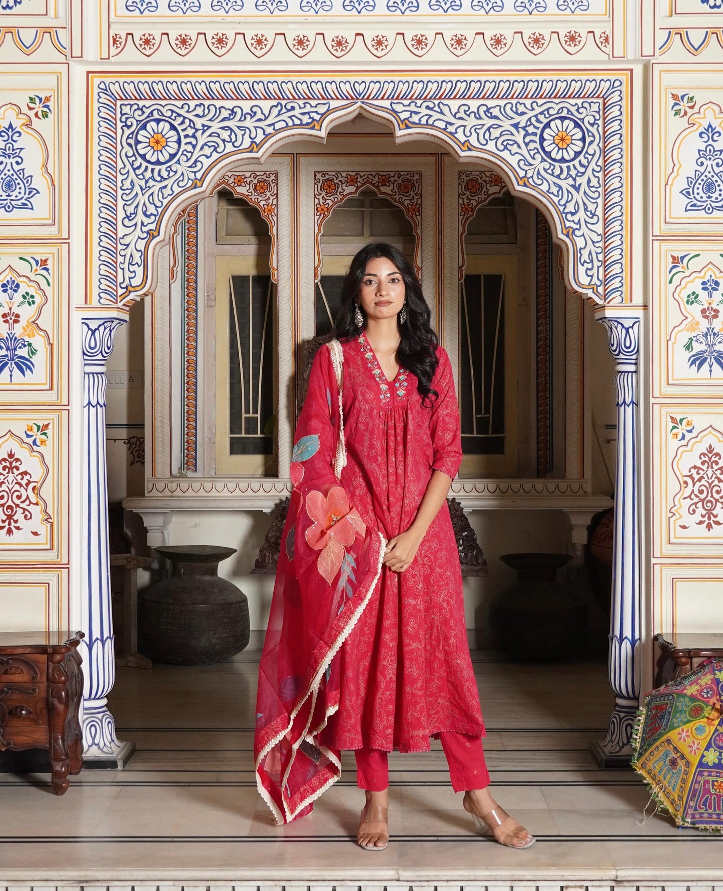 A-Line Hand Printed Cotton Kurta with Pant & Heavy Brush Print White Hand Work Organza Dupatta(3 Pieces)