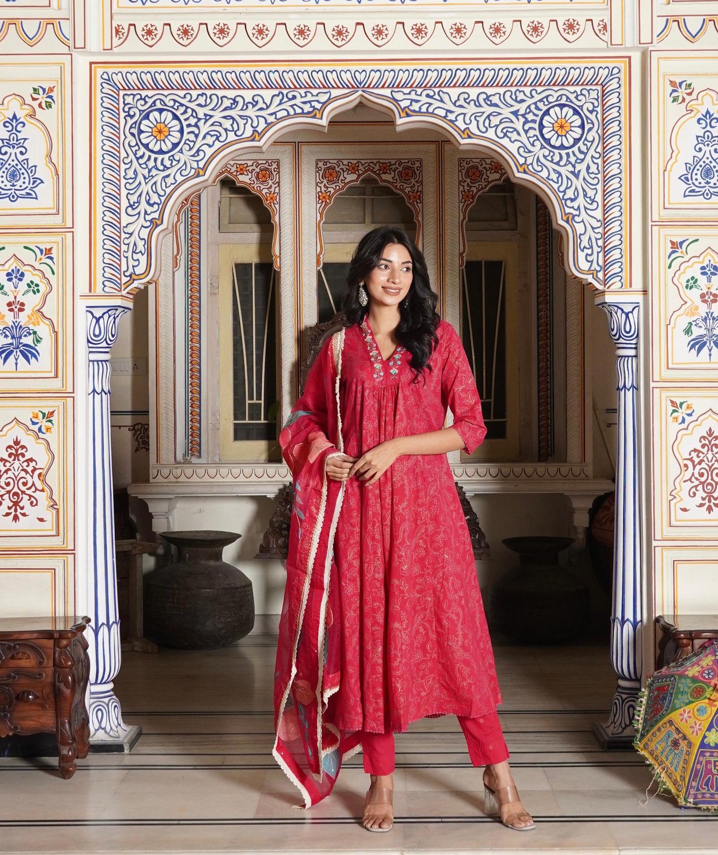 A-Line Hand Printed Cotton Kurta with Pant & Heavy Brush Print White Hand Work Organza Dupatta(3 Pieces)