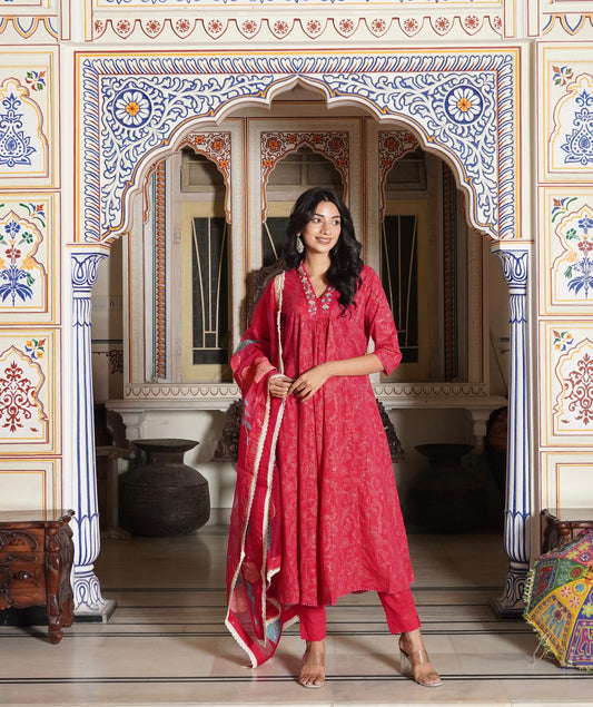 A-Line Hand Printed Cotton Kurta with Pant & Heavy Brush Print White Hand Work Organza Dupatta(3 Pieces)