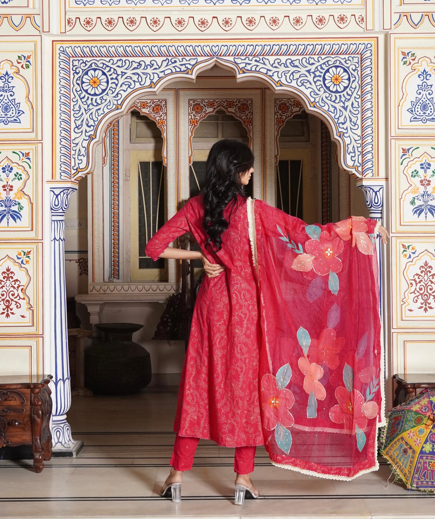 A-Line Hand Printed Cotton Kurta with Pant & Heavy Brush Print White Hand Work Organza Dupatta(3 Pieces)