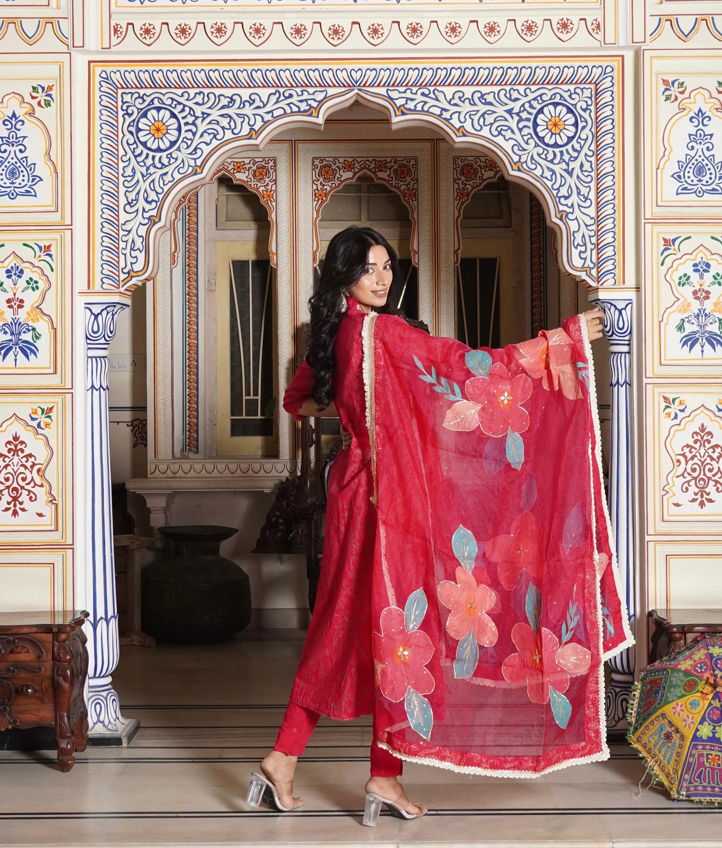 A-Line Hand Printed Cotton Kurta with Pant & Heavy Brush Print White Hand Work Organza Dupatta(3 Pieces)