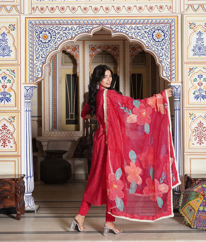 A-Line Hand Printed Cotton Kurta with Pant & Heavy Brush Print White Hand Work Organza Dupatta(3 Pieces)