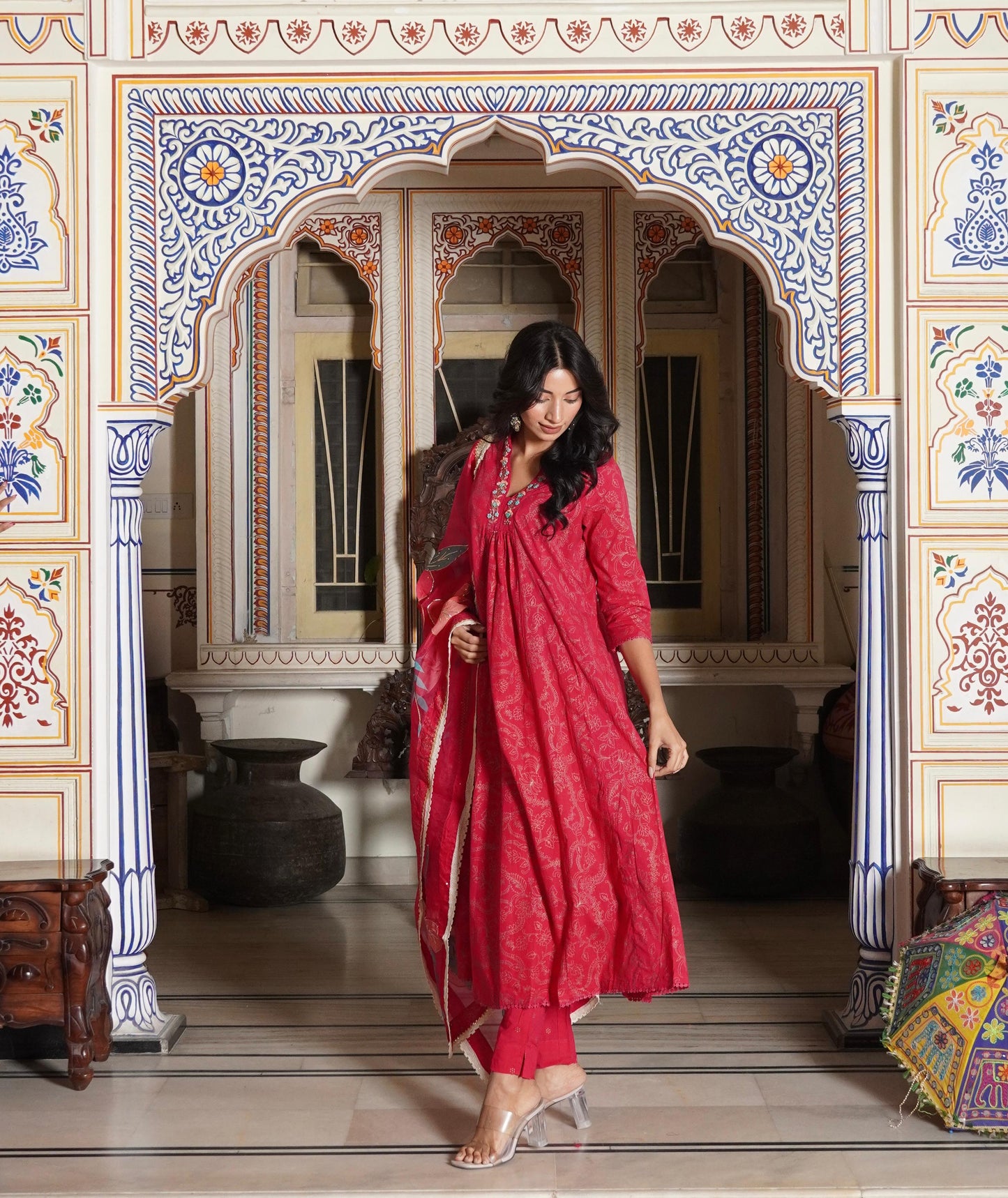 A-Line Hand Printed Cotton Kurta with Pant & Heavy Brush Print White Hand Work Organza Dupatta(3 Pieces)