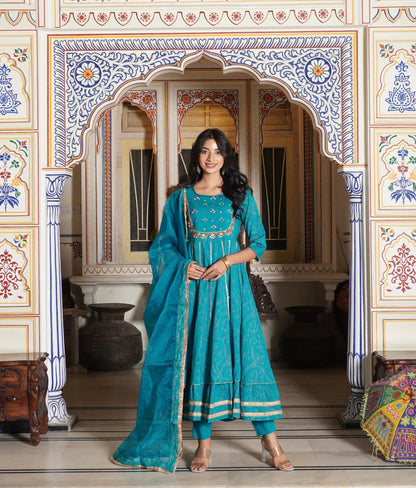 Anarkali Spring flower work Kurta with Palazzo & Organza Dupatta 6-meter gira (3 Pieces)