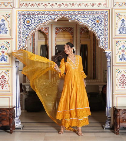 Anarkali Printed Kurta with Pant & Organza Work Dupatta (3 Pieces)