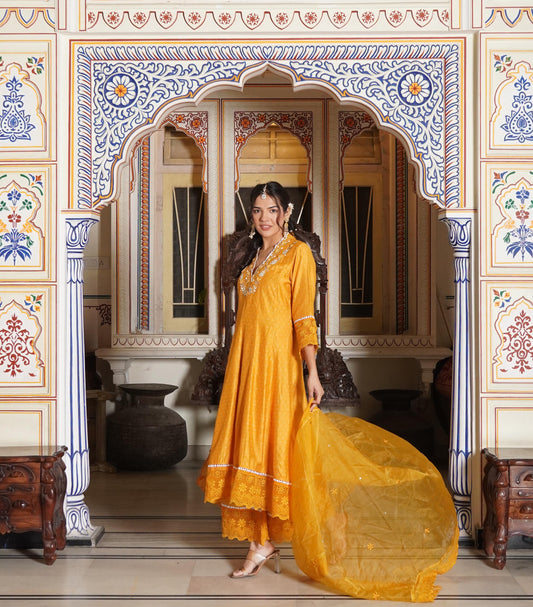 Anarkali Spring flower work Kurta with Palazzo & Organza Dupatta 6-meter gira (3 Pieces)