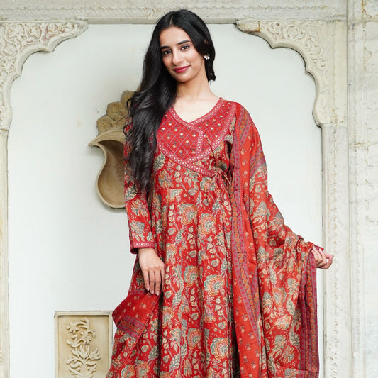 Cotton Angrakha Set with Tagai, Tiki Work, Hand Embroidery & Fancy Lace – Cotton Printed Dupatta & Malmal Bottom