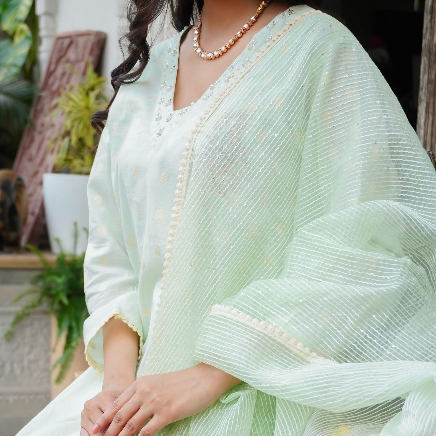 Chic Cotton Thread Set with Moti Work, Cut Dana & Tubelight Embellishments – Organza Thread Work Dupatta & Cotton Thread Bottom