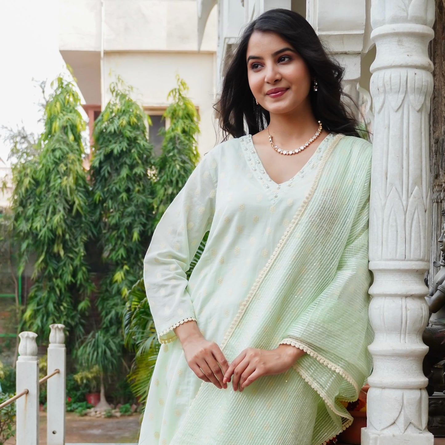 Chic Cotton Thread Set with Moti Work, Cut Dana & Tubelight Embellishments – Organza Thread Work Dupatta & Cotton Thread Bottom