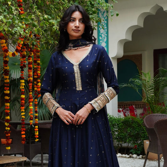 Silk Mukesh Work V-Neck Set with Hand Embellishments, Fancy Lace & Tubelight Work, Digital Print Dupatta