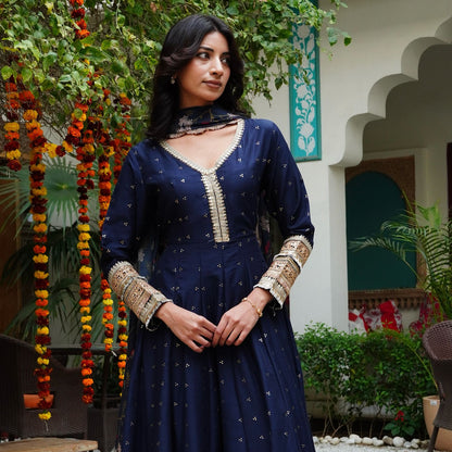 Silk Mukesh Work V-Neck Set with Hand Embellishments, Fancy Lace & Tubelight Work, Digital Print Dupatta