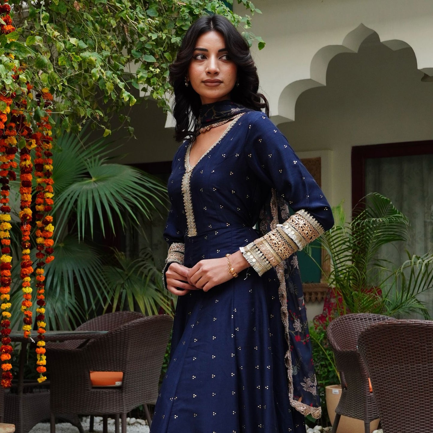 Silk Mukesh Work V-Neck Set with Hand Embellishments, Fancy Lace & Tubelight Work, Digital Print Dupatta