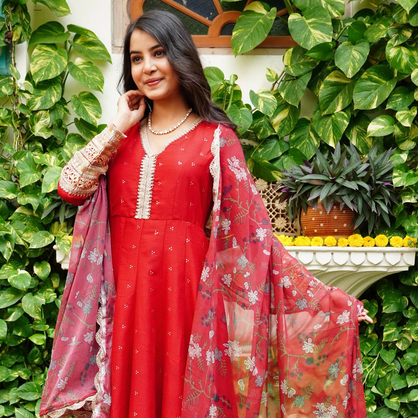 Silk Mukesh Work V-Neck Set with Hand Embellishments, Fancy Lace & Tubelight Work, Digital Print Dupatta