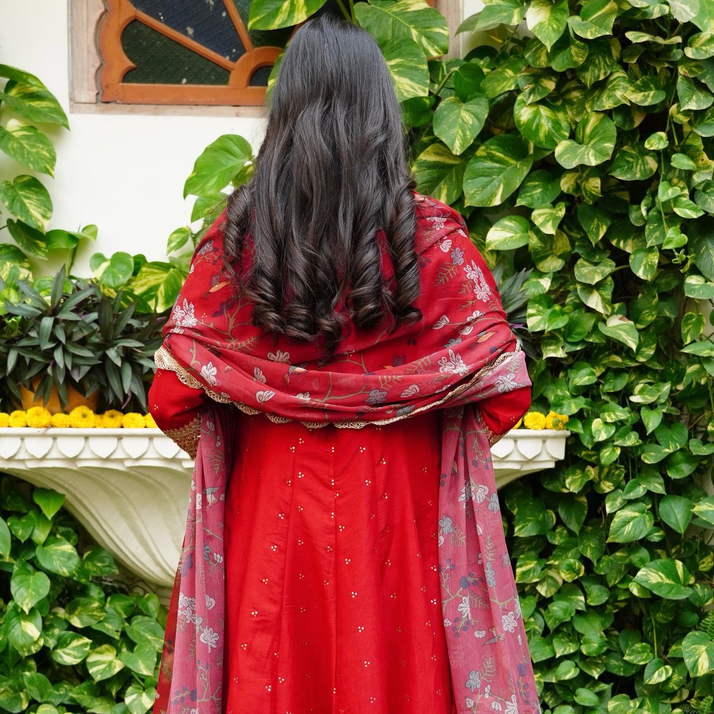 Silk Mukesh Work V-Neck Set with Hand Embellishments, Fancy Lace & Tubelight Work, Digital Print Dupatta
