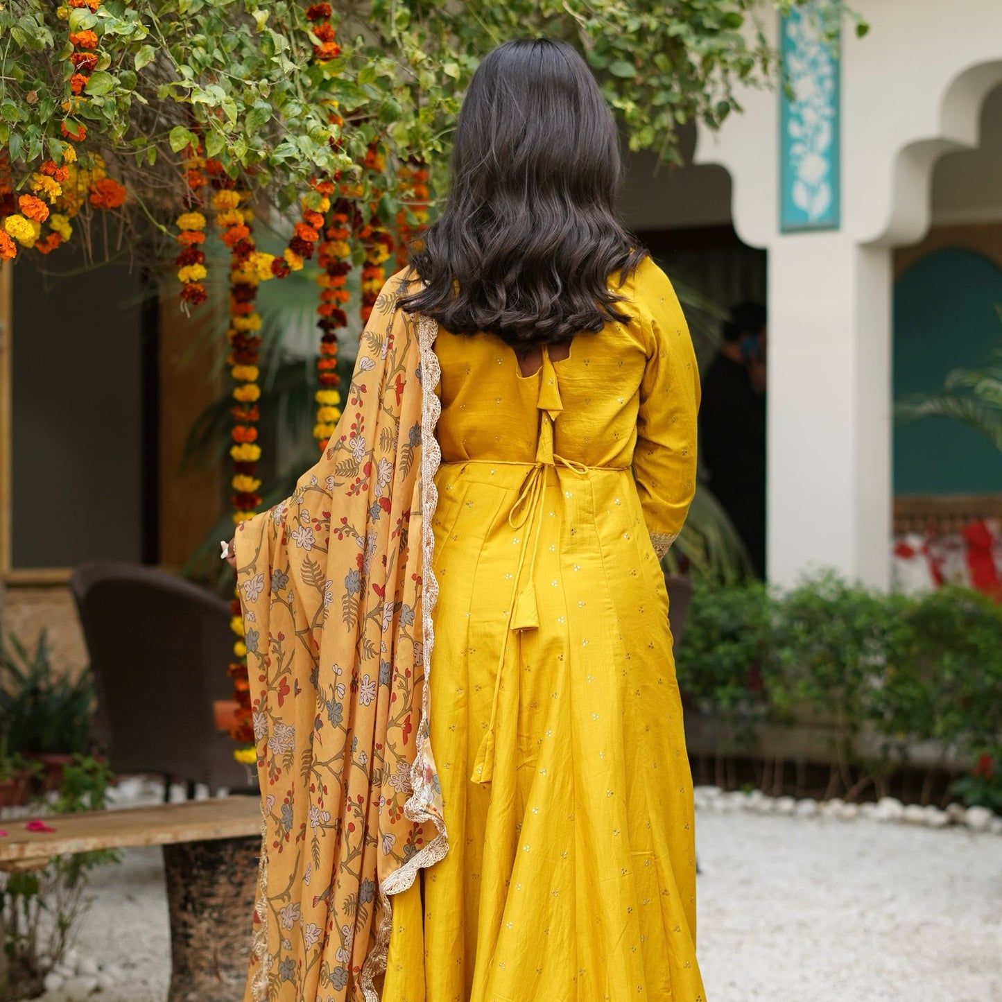 Silk Mukesh Work V-Neck Set with Hand Embellishments, Fancy Lace & Tubelight Work, Digital Print Dupatta