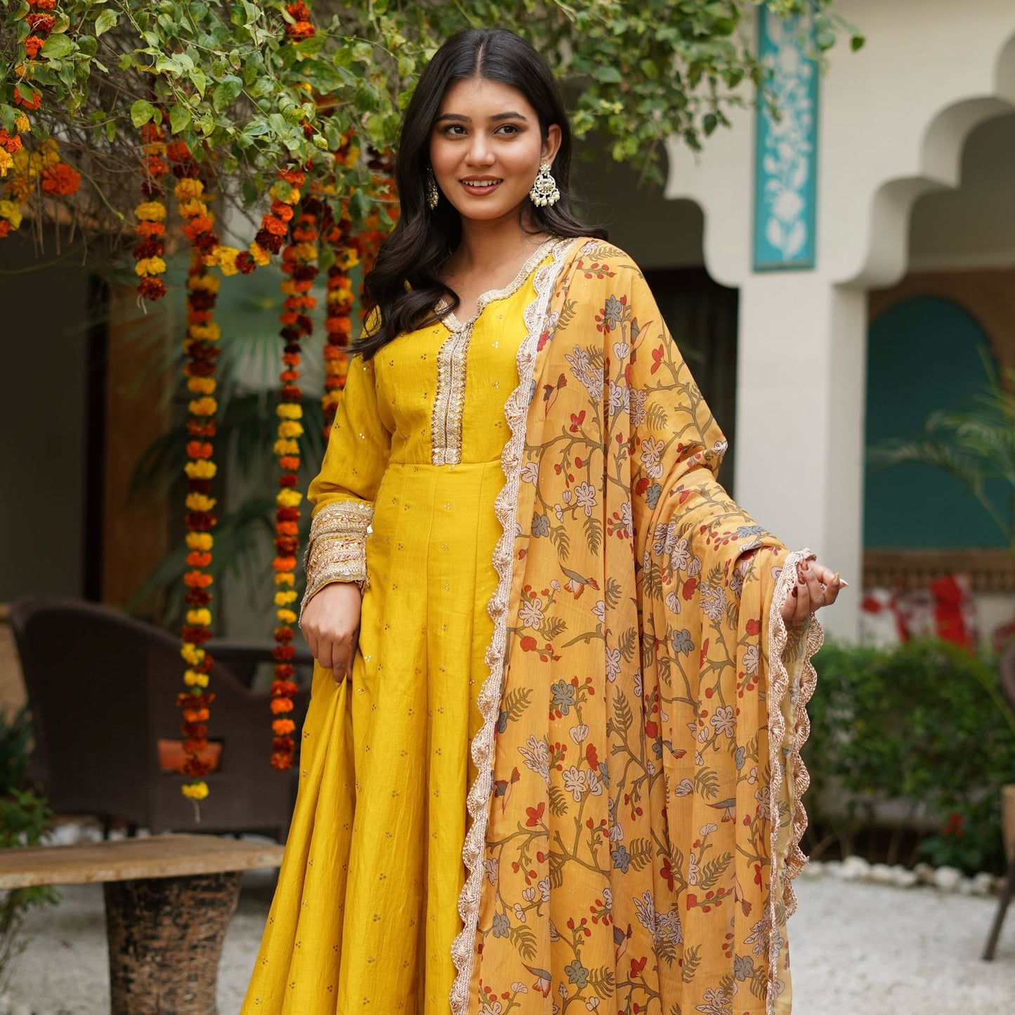 Silk Mukesh Work V-Neck Set with Hand Embellishments, Fancy Lace & Tubelight Work, Digital Print Dupatta