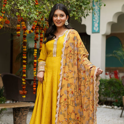 Silk Mukesh Work V-Neck Set with Hand Embellishments, Fancy Lace & Tubelight Work, Digital Print Dupatta