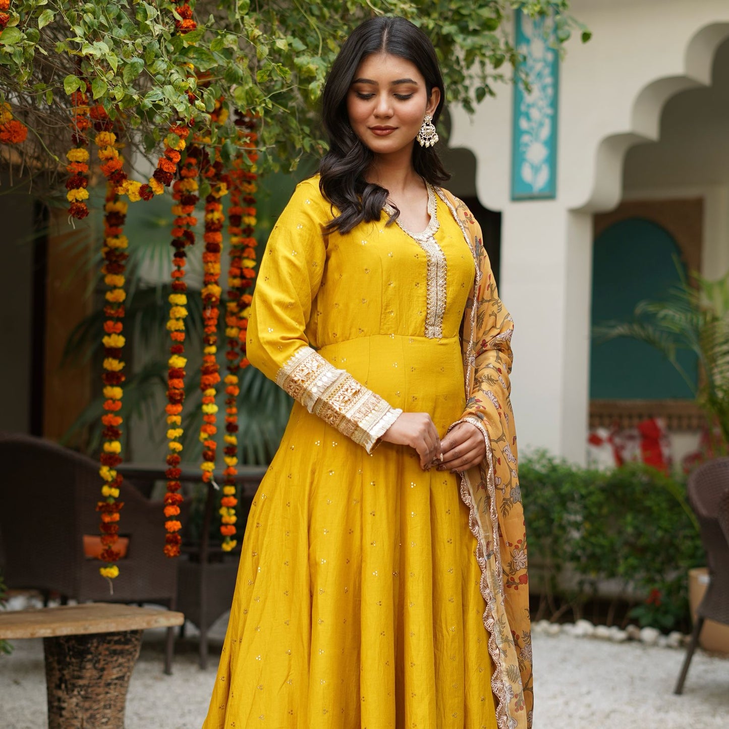 Silk Mukesh Work V-Neck Set with Hand Embellishments, Fancy Lace & Tubelight Work, Digital Print Dupatta