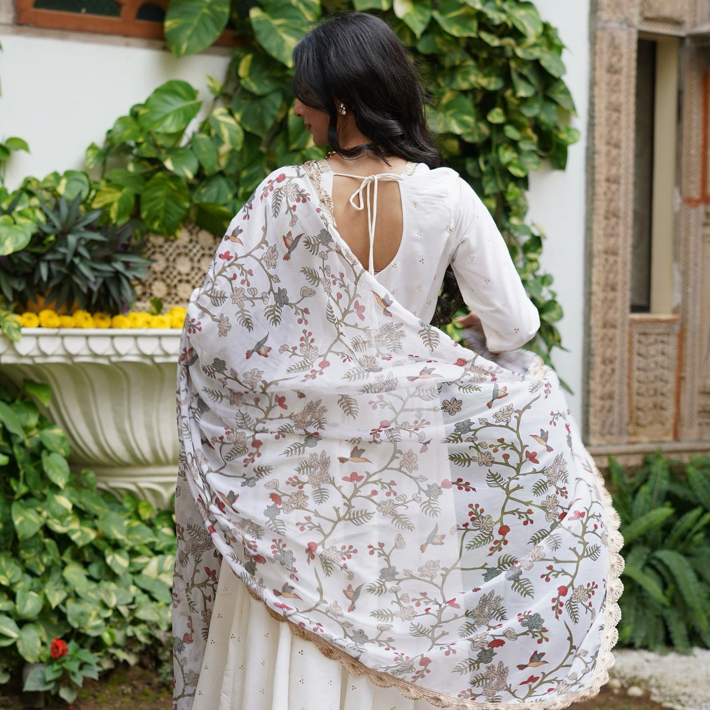 Silk Mukesh Work V-Neck Set with Hand Embellishments, Fancy Lace & Tubelight Work, Digital Print Dupatta