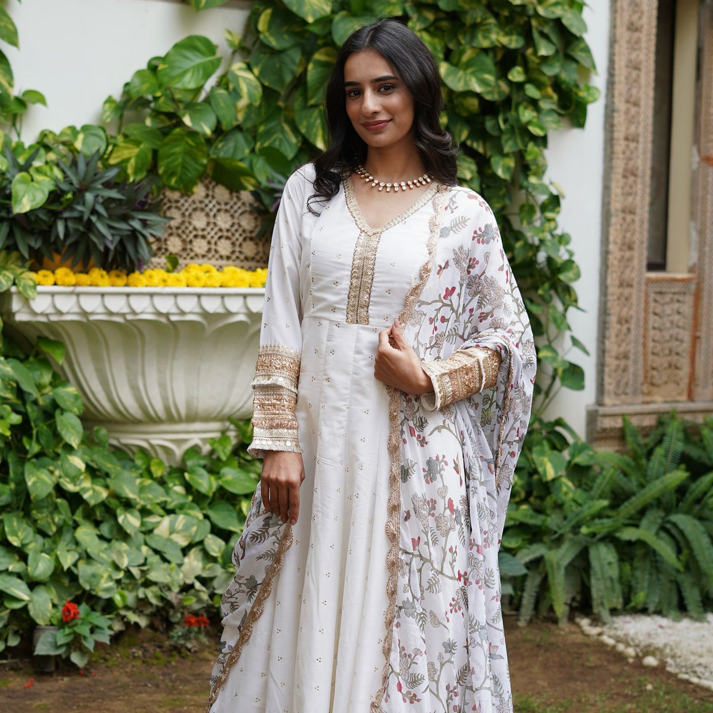 Silk Mukesh Work V-Neck Set with Hand Embellishments, Fancy Lace & Tubelight Work, Digital Print Dupatta