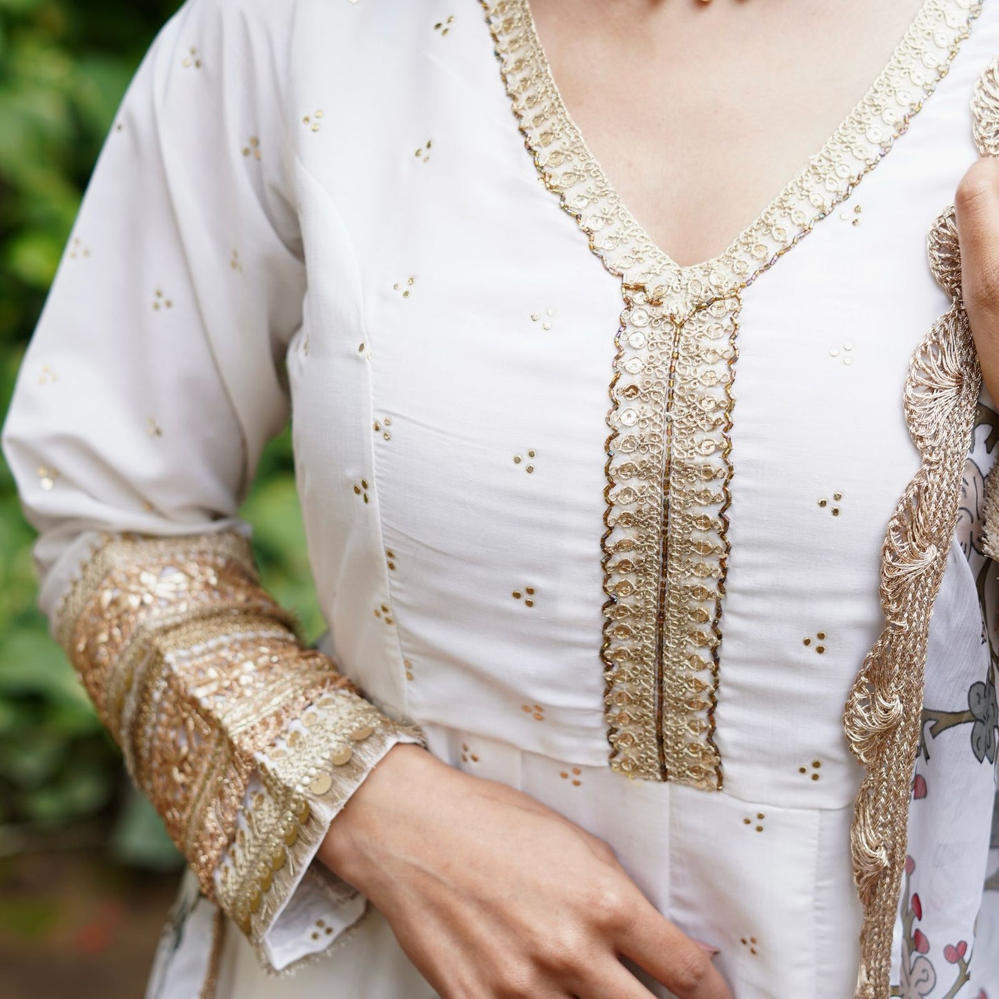 Silk Mukesh Work V-Neck Set with Hand Embellishments, Fancy Lace & Tubelight Work, Digital Print Dupatta