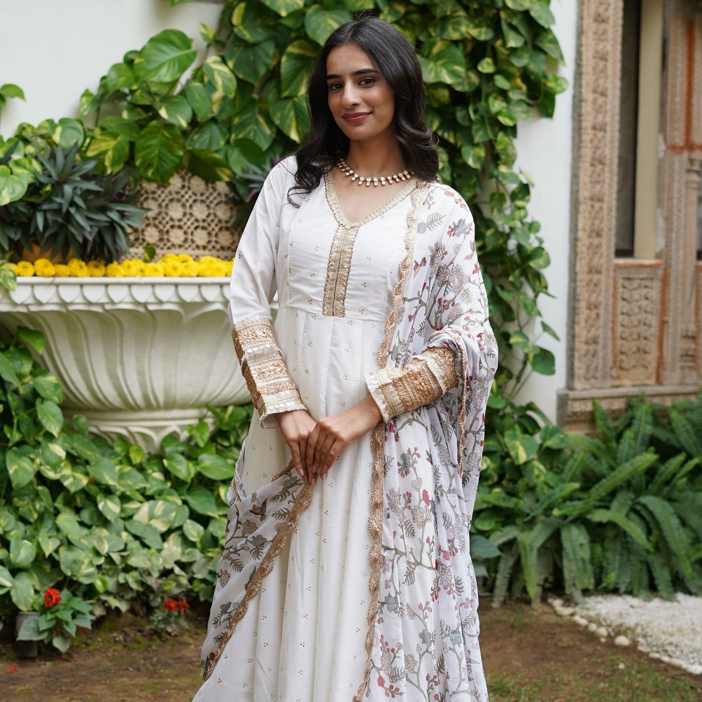 Silk Mukesh Work V-Neck Set with Hand Embellishments, Fancy Lace & Tubelight Work, Digital Print Dupatta